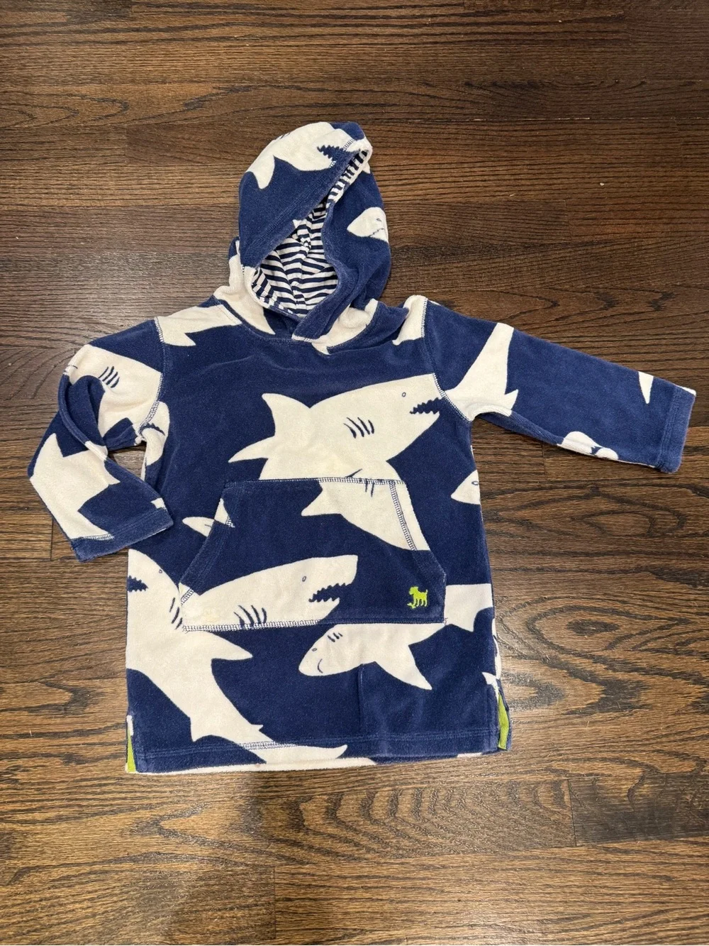 Mini Boden Boys Toweling Dress Swim Cover Up Shark Hooded Pullover Terry Cloth